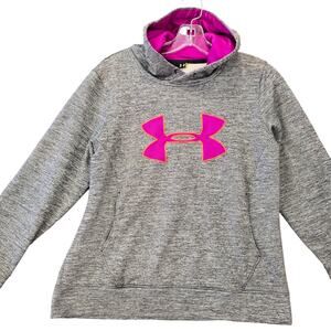 Under Armour Gray Heather Hoodie Pink Logo Long Sleeves Sweatshirt Womens Size M